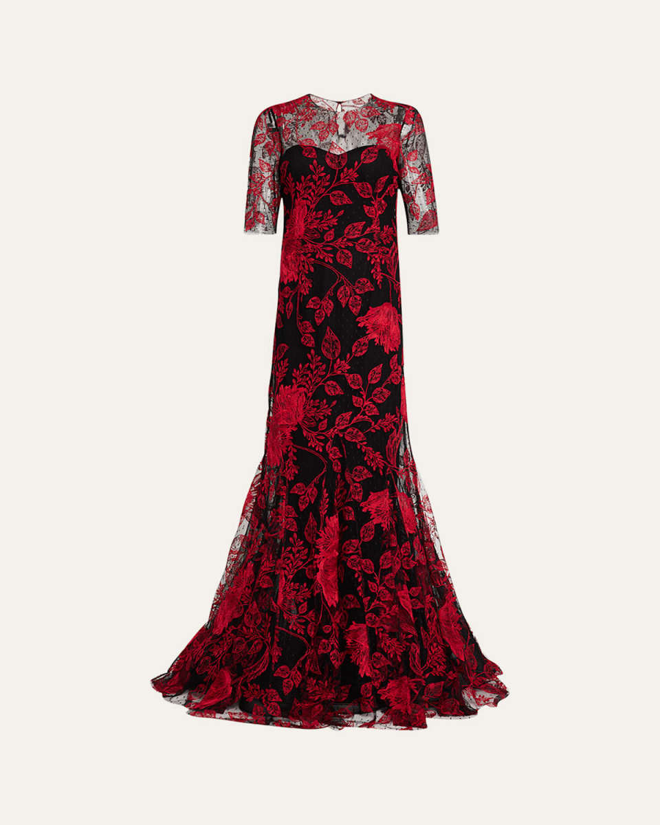 Floral-Embroidered Lace Trumpet Gown